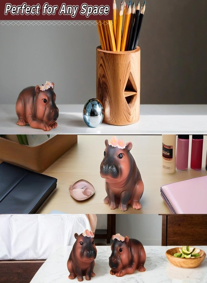 vhemo Cute Moo Deng Hippo Statue with Flower Crown, Resin Figurine for Home Decor, Pygmy Hippo Gift, Desk Ornament, Hippo Figurine for Living Room, Office, Bookshelf, Perfect Holiday Seasonal Decor (lying) - Image 3